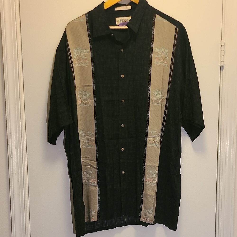 Campia Men’s XL Black Tan Panel Button Up Shirt Resort Style